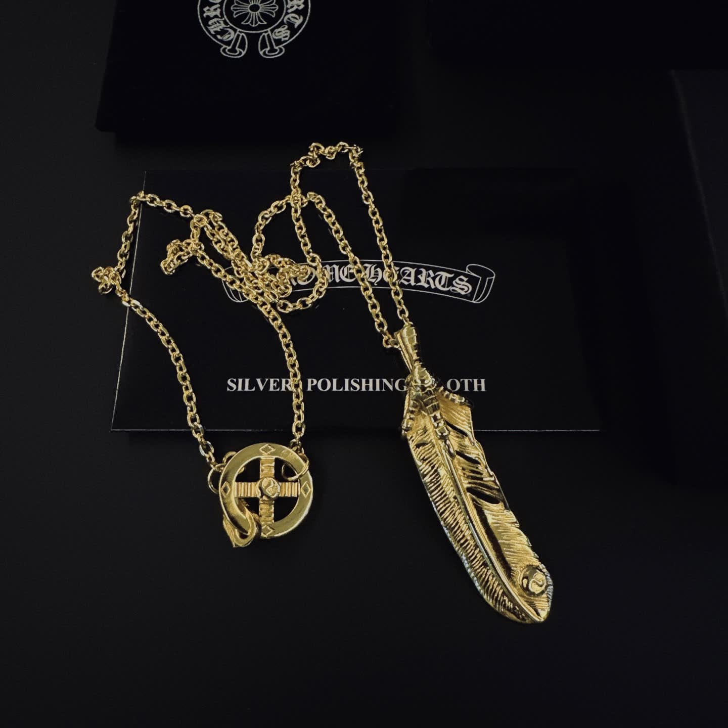 Chrome Hearts Gold Feather and Cross Pendant Necklace